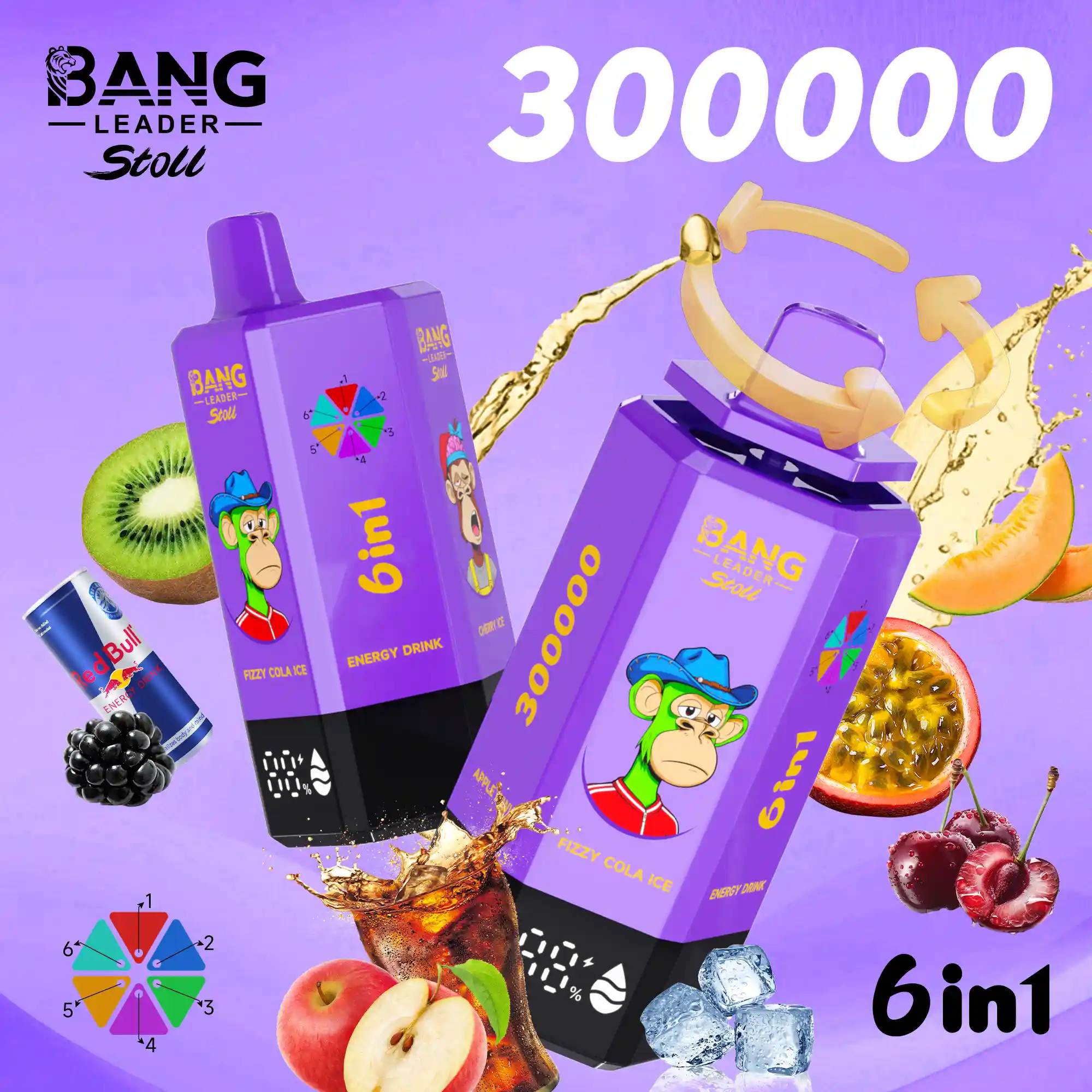 Multi Flavor Disposable Vape: Bang Leader Stoll 300K 300000 Puffs 6 in 1 Adjust Vape with LED Display, Zero to 5% Nic & Fruity/Icy Flavors - Image 10