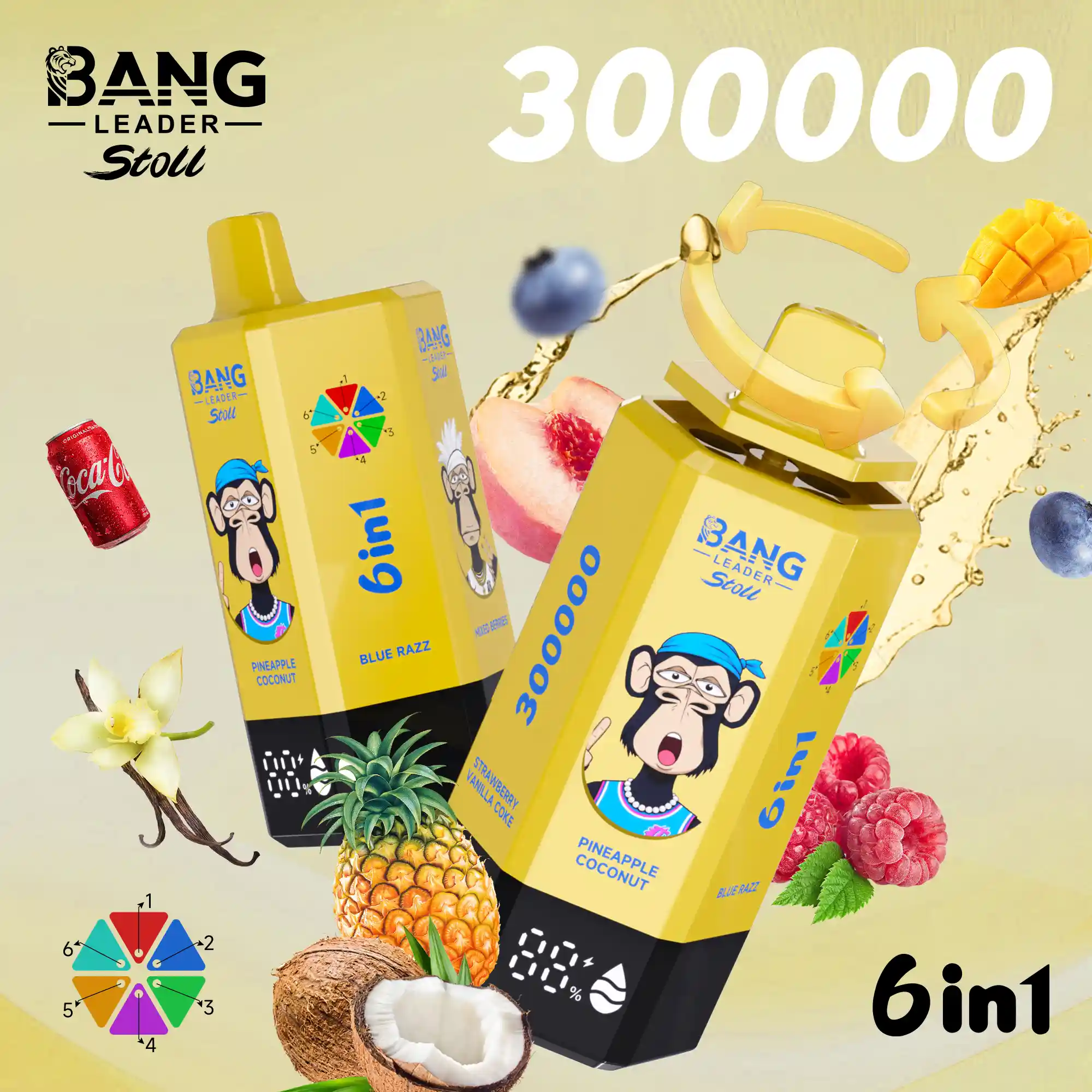 Multi Flavor Disposable Vape: Bang Leader Stoll 300K 300000 Puffs 6 in 1 Adjust Vape with LED Display, Zero to 5% Nic & Fruity/Icy Flavors - Image 8