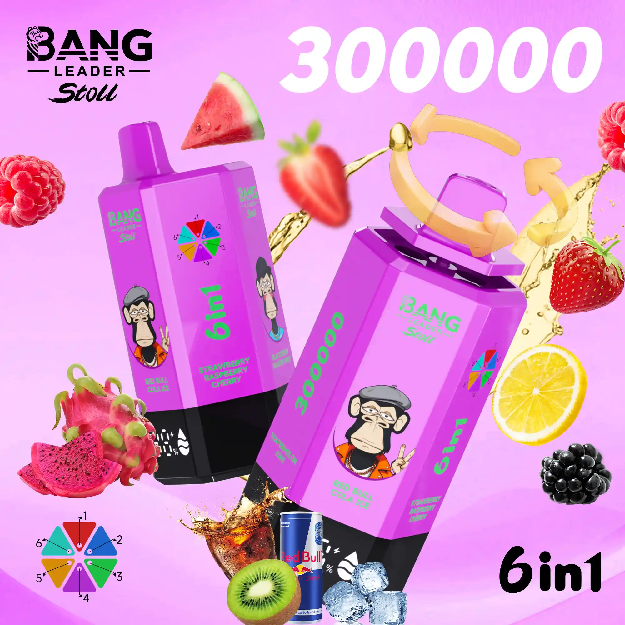 Multi Flavor Disposable Vape: Bang Leader Stoll 300K 300000 Puffs 6 in 1 Adjust Vape with LED Display, Zero to 5% Nic & Fruity/Icy Flavors - Image 6