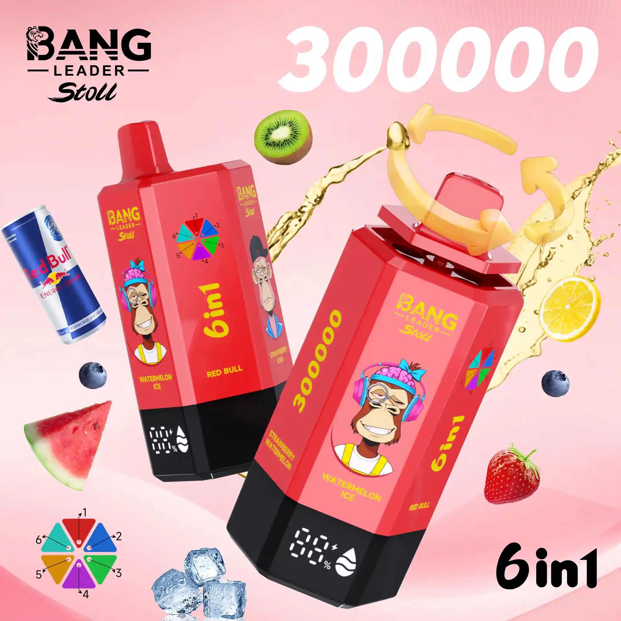 Multi Flavor Disposable Vape: Bang Leader Stoll 300K 300000 Puffs 6 in 1 Adjust Vape with LED Display, Zero to 5% Nic & Fruity/Icy Flavors - Image 2