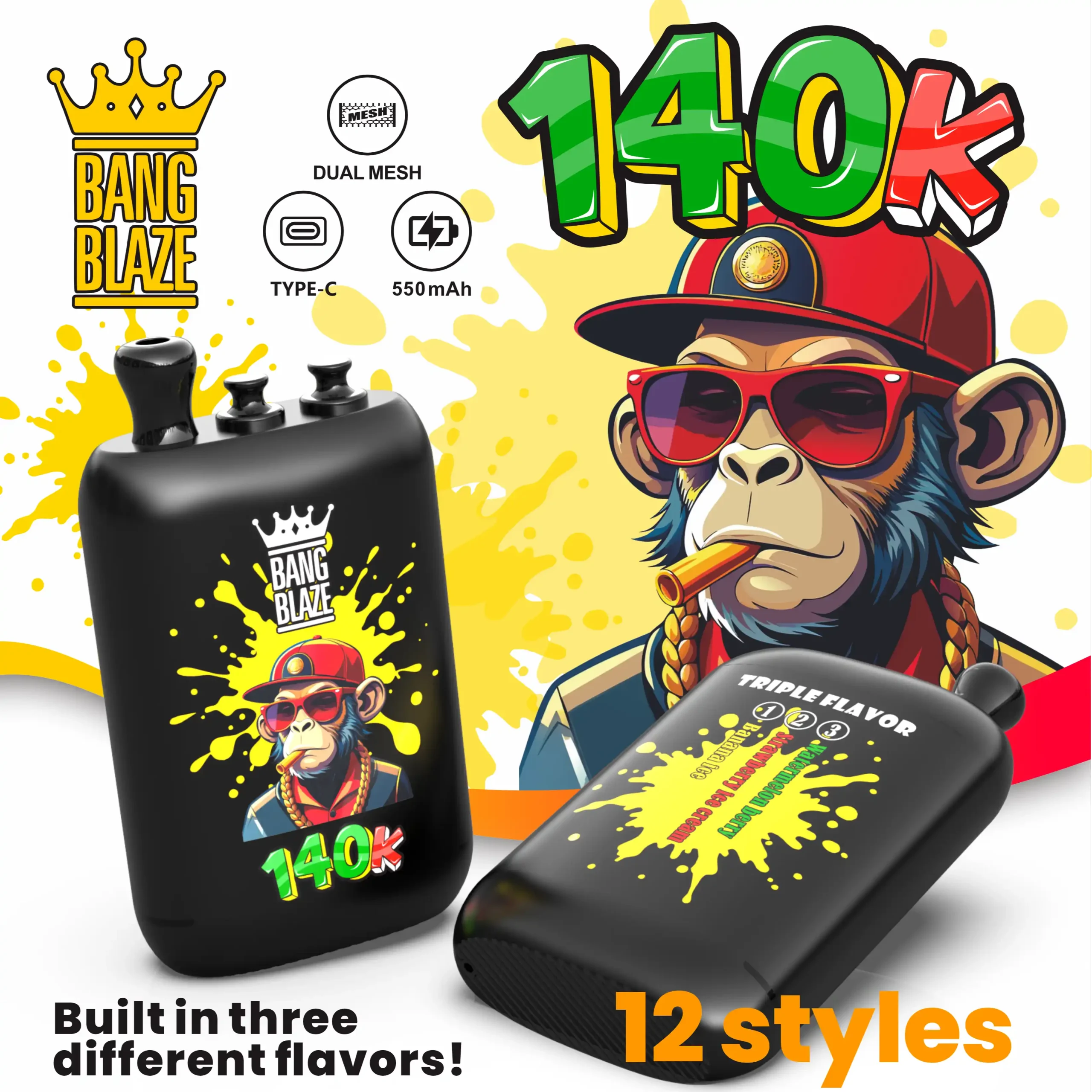 Bang Blaze 140K Puffs 3 Flavors in 1 Disposable Vape | Rechargeable Big Puff Vape with Multi Pods & Monkey Design, 2%/5% Nicotine Salt